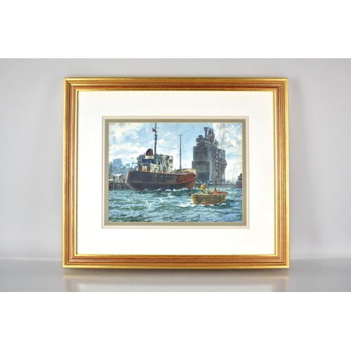 112 - A Contemporary Gilt Framed Watercolour of Dock Scene Signed Anthony King, 29x22 cms