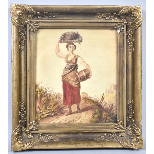 109 - A 19th Century Gilt Framed Watercolour Depicting Maiden with Barrel Carrying Basket on Head, 20x23cm... 