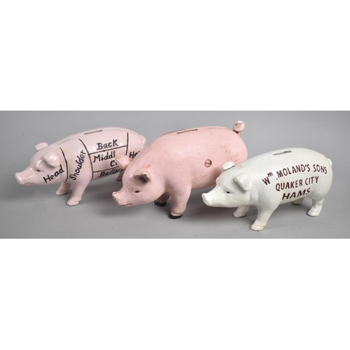 114 - A Collection of Three Various Reproduction Cast Metal American Money Boxes in the Form of Pigs, 19cm... 