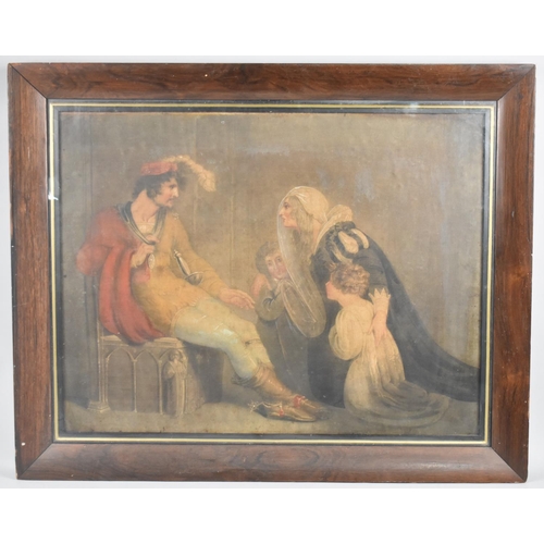 119 - A 19th Century Rosewood Framed Hand Retouched Print of Seated Soldier with Woman and Children, 60x47... 