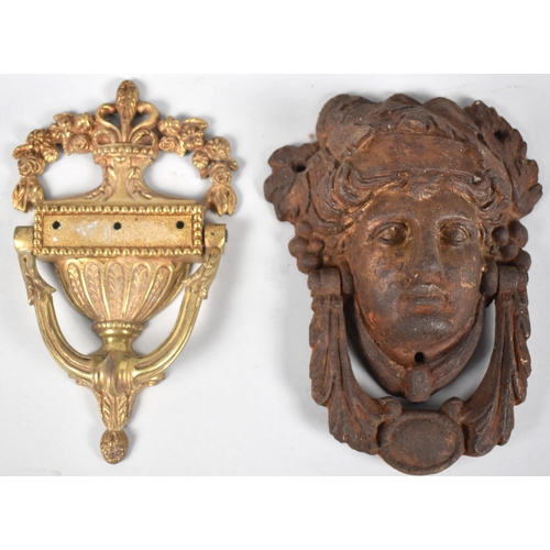 130 - A Reproduction Brass Door Knocker and a French Style Cast Iron Mask Head Knocker, 19cms High