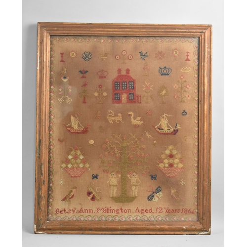 132 - A Gilt Framed 19th Century Sampler, The Work of Betsy Anne Millington, Aged 12 Years, 1864, Depictin... 