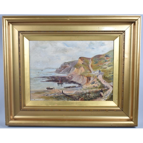 167 - A Gilt Framed Naive Oil on Canvas, Coastal Cliffs with Cottage, 39x28cm