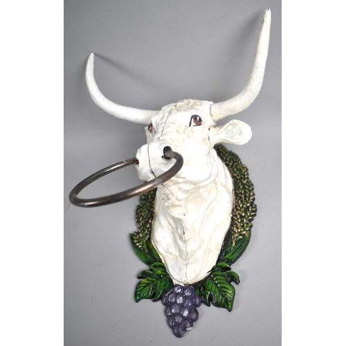 174 - A Cold Painted Cast Metal Wall Hanging Ring Tie in the Form of a Longhorn Cow, 26cm High, +VAT