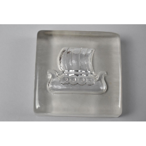 175 - A Mid 20th Century Square Glass Paperweight Decorated with Viking Longship, 10cm Square