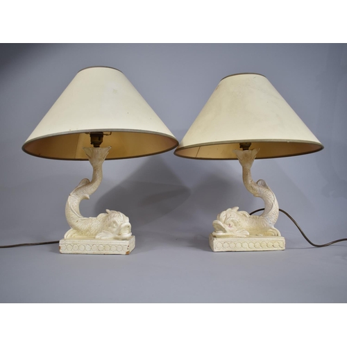 206 - A Pair of Cream Painted Plaster Table Lamps in the Form of 19th Century Dolphins, With Shades, Condi... 