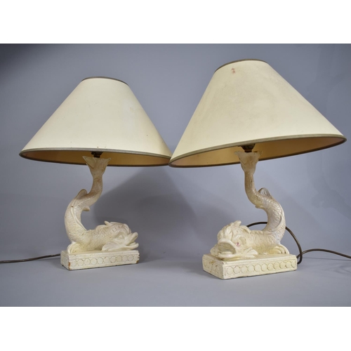 206 - A Pair of Cream Painted Plaster Table Lamps in the Form of 19th Century Dolphins, With Shades, Condi... 