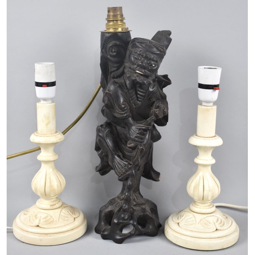 208 - A Chinese Root Carved Figure of an Elder with Staff, Converted to table Lamp Base together with a Pa... 