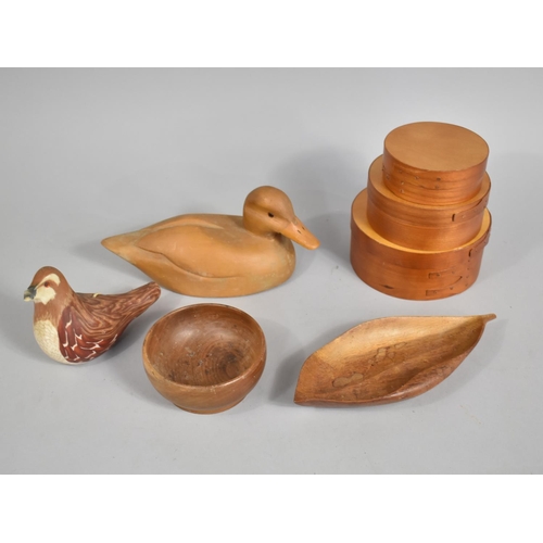 217 - A Collection of Modern Treen Boxes and a Reproduction Carved Decoy Duck