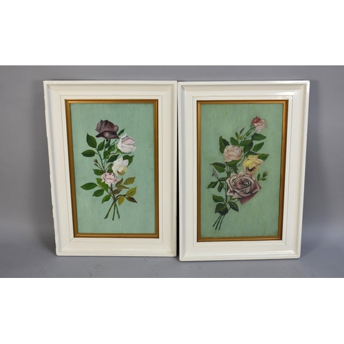 225 - A Pair of White Painted Framed Edwardian Oils on Board, Roses, Each 57x34cms