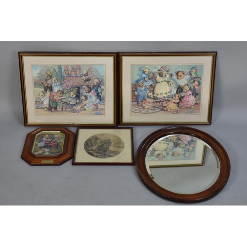 229 - A Pair of Doreen Edmond Teddybear Prints together with an Oval Mirror Etc