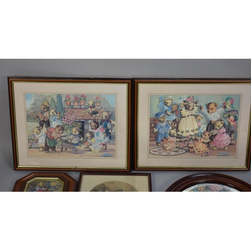 229 - A Pair of Doreen Edmond Teddybear Prints together with an Oval Mirror Etc