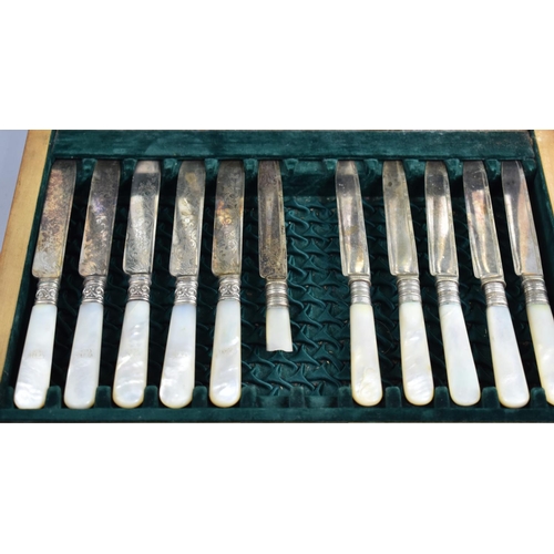 24 - An Edwardian Mahogany Canteen Containing 12 Mother of Pearl Handled Fruit Knives and Forks, One Knif... 