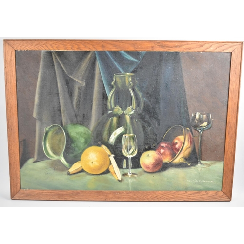 242 - A Framed Oil on Canvas, Still Life with Fruit, Wine Glasses and Jug, Signed Oswald Bennett, Subject ... 