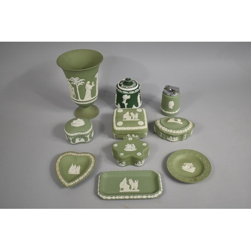 249 - A Collection of Various Green Jasperware to Comprise Wedgwood Vase, 19cm high, Lidded Boxes, Dishes ... 