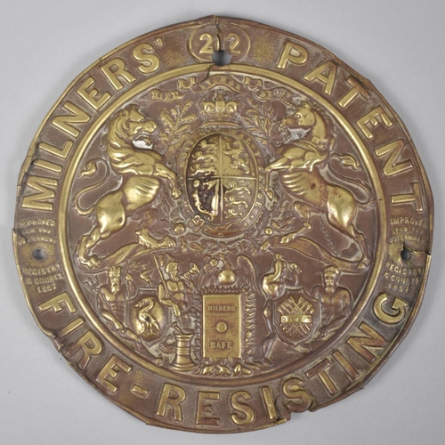 25 - A Circular Pressed Brass Label For Milners Safe, 20cms Diameter