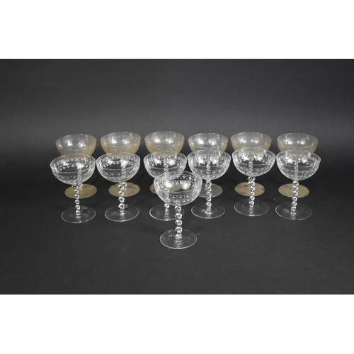 299 - A Set of Thirteen Glass Coupes with Twisted Stem on Circualr Foot, the Bowl Decorated with Etched Pa... 