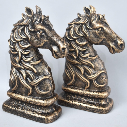 30 - A Pair of Heavy Cast Metal Bronze Effect Bookends in the Form of Horses Heads, 23.5cms High, Plus VA... 