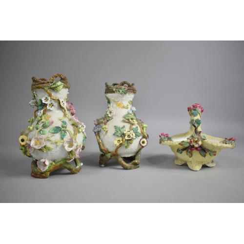 319 - A Pair of 19th Century Schneeballen Type Porcelain Encrusted Vases of Organical Form on Vine Stylise... 