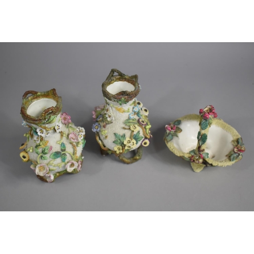 319 - A Pair of 19th Century Schneeballen Type Porcelain Encrusted Vases of Organical Form on Vine Stylise... 