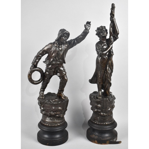 33 - A Pair of French Bronze Effect Spelter Figures, Fisherman and His Wife, 47cms High
