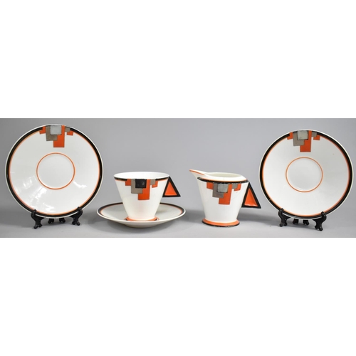 332 - Five Pieces of Art Deco Shelley Vogue Pattern Teawares to Comprise Three Saucers, Cup and Milk Jug (... 