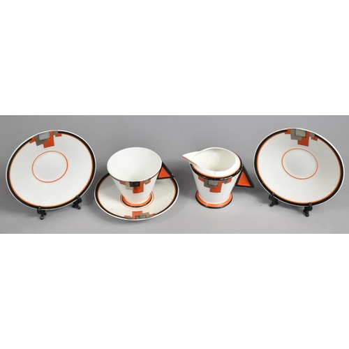 332 - Five Pieces of Art Deco Shelley Vogue Pattern Teawares to Comprise Three Saucers, Cup and Milk Jug (... 