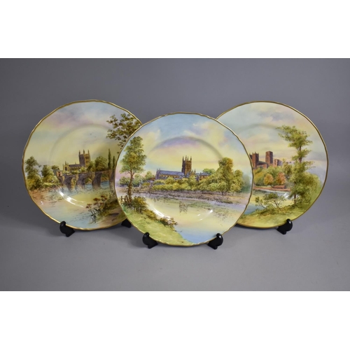 338 - A Set of Three Royal Worcester Hand Painted Plates to Comprise Durham Cathedral Signed S. Wilson, He... 