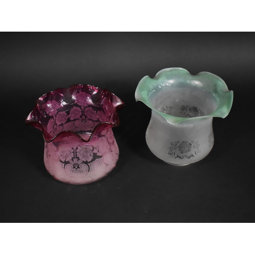 340 - A Cranberry Glass Shade with Wavy Rim and Floral Decoration together with an Opaque Example with Gre... 