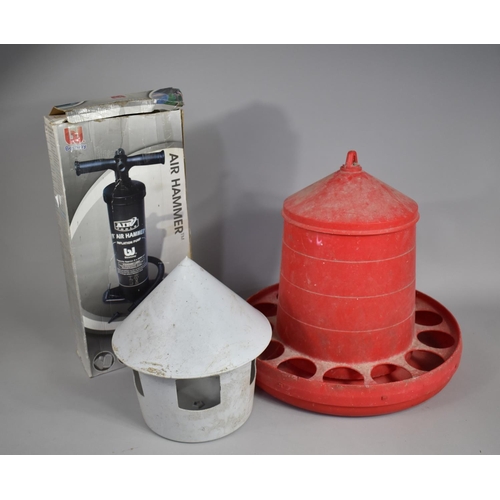 357 - Two Plastic Chicken Feeders together with an Air Hammer Pump