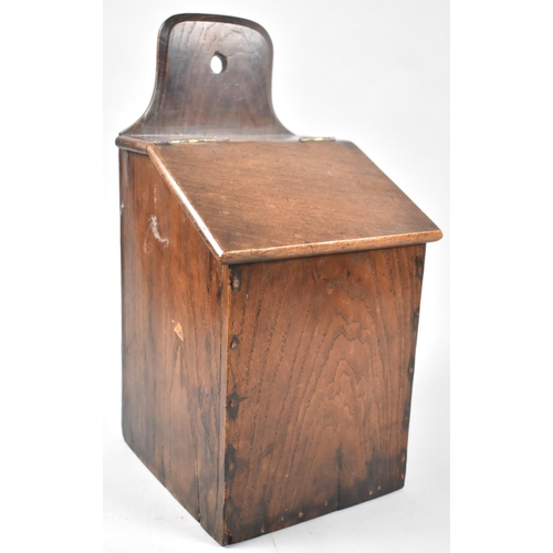 4 - A 19th Century Oak Wall Hanging Candle Box with Hinged Sloping Lid, 20cms Wide and 40cms High
