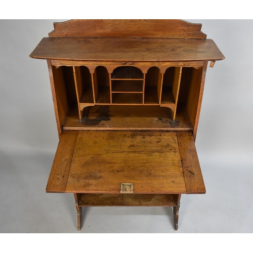 404 - An Edwardian Oak Fall Front Bureau/Bookcase, In Need of Attention, Galleried Back, 76cms Wide