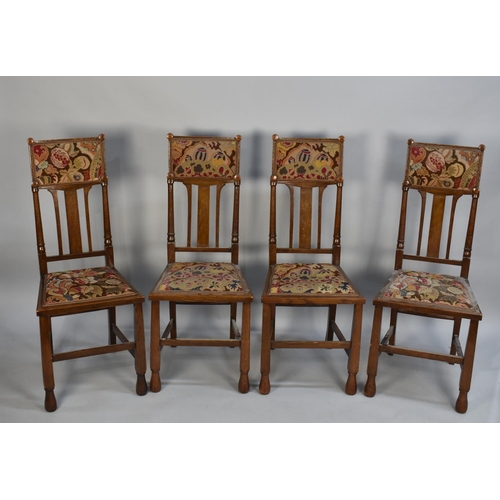 406 - A Set of Four Edwardian Oak Dining Chairs with Tapestry Top Rails and Matching Seats