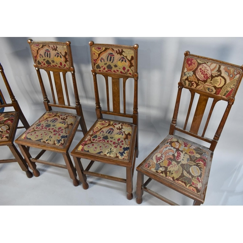 406 - A Set of Four Edwardian Oak Dining Chairs with Tapestry Top Rails and Matching Seats