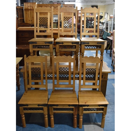 422 - A Far Eastern Metal Mounted Rectangular Dining Table and Set of Six Matching Chairs