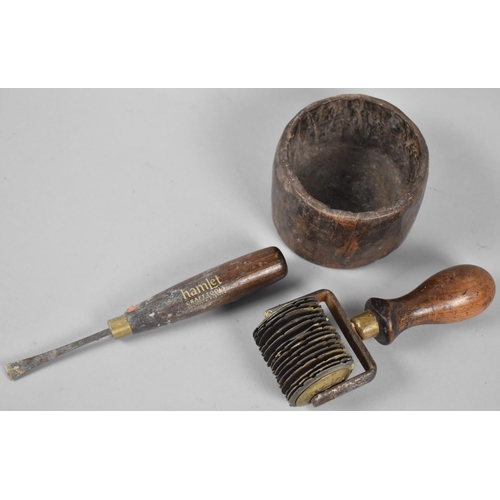 43 - An Early Hand Carved Wooden Bowl Containing Hamilton Mint Chopper and a Hamlet Craft Tool