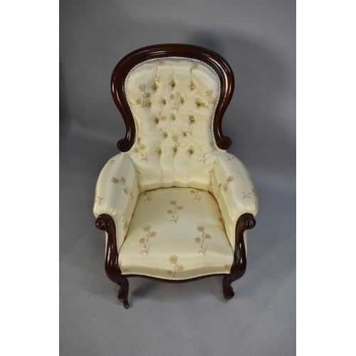 431 - A Reupholstered Late 19th Century Mahogany Framed Balloon Backed Button Upholstered Ladies Arm Chair