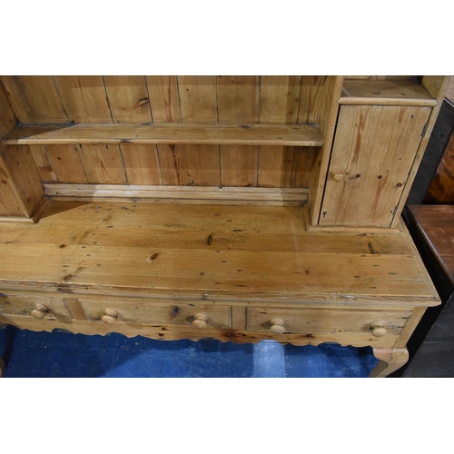 434 - A Pine Kitchen Dresser, Base with Three Drawers and Cabriole Supports, Raised Plate Rack with Cupboa... 