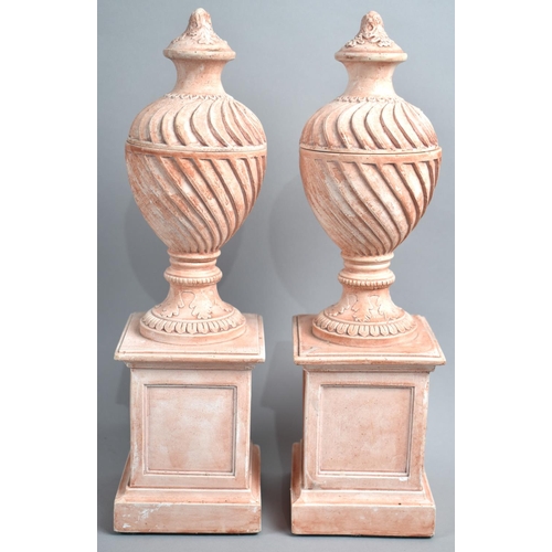 48 - A Pair of Reproduction French Style Lidded Vases on Plinth Bases, 34.5cms High