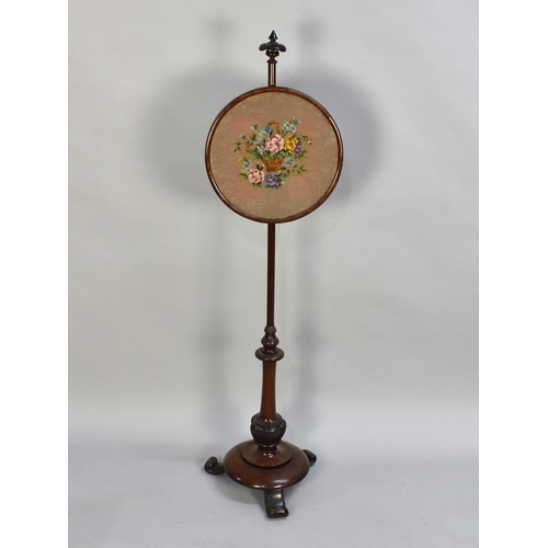 64 - A  Victorian Mahogany Rise and Fall Pole Screen with Circular Tapestry Panel on Circular Base with T... 