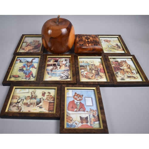 65 - A Treen Apple, Inlaid Treen Box and a Set of Six Miniature Louis Wain Prints