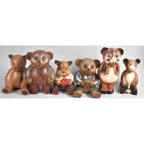 82 - A Collection of Six Carved and Hand Painted Studies of Seated Teddy Bears, Tallest 26cms High