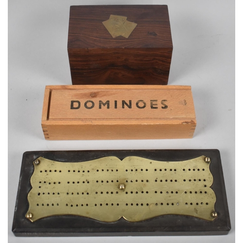 85 - A Vintage Brass Cribbage Board, Modern Wooden Playing Card Box and a Set of Modern Dominoes