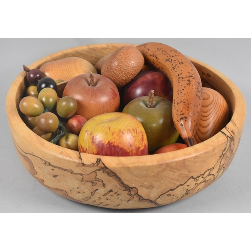 86 - A Turned Wooden Bowl Containing Carved and Coloured Wooden Fruit, 30cms Diameter