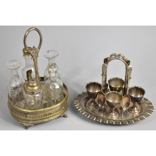 89 - An Edwardian Silver Plated Four Cup Egg Cruet together with a Circular Five Bottle Cruet