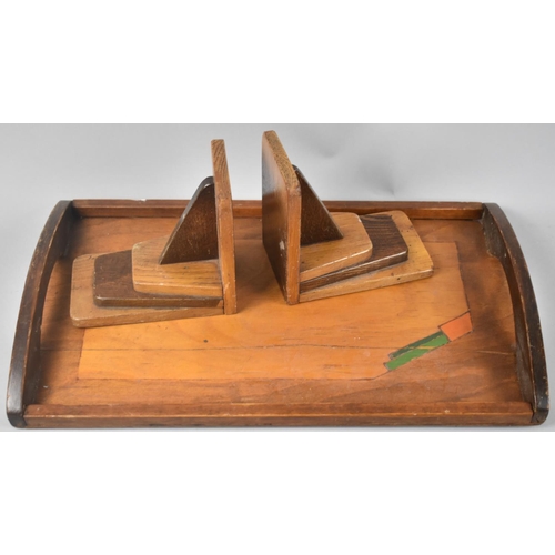 93 - A Pair of Art Deco Mixed Wood Bookends together with an Art Deco Rectangular Tea Tray, 42cms Long