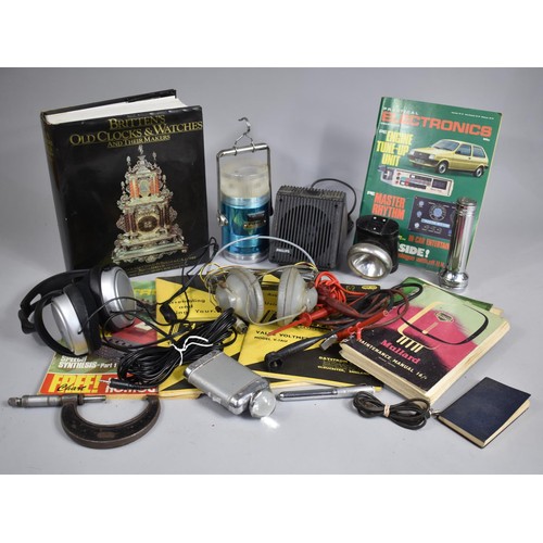 391 - A Collection of Various Vintage Torches, Headphones, Bound Volume, Brittens Old Clocks and Watches E... 