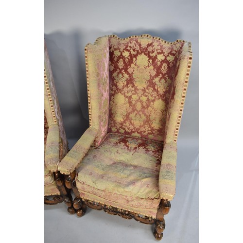 427 - A Walnut Framed High Backed and Winged Three Piece Suite with Carved Supports and Rails and Scrolled... 