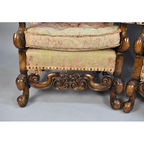 427 - A Walnut Framed High Backed and Winged Three Piece Suite with Carved Supports and Rails and Scrolled... 