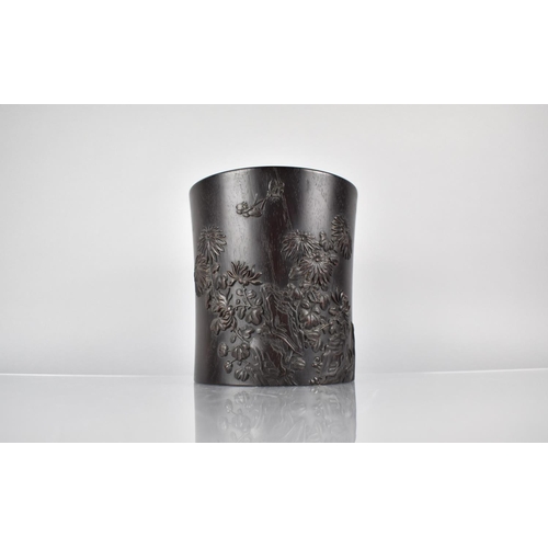 431 - A Nice Quality Chinese Hardwood Bitong/Brush Pot Decorated in Relief with Blooming Flowers and Carve... 